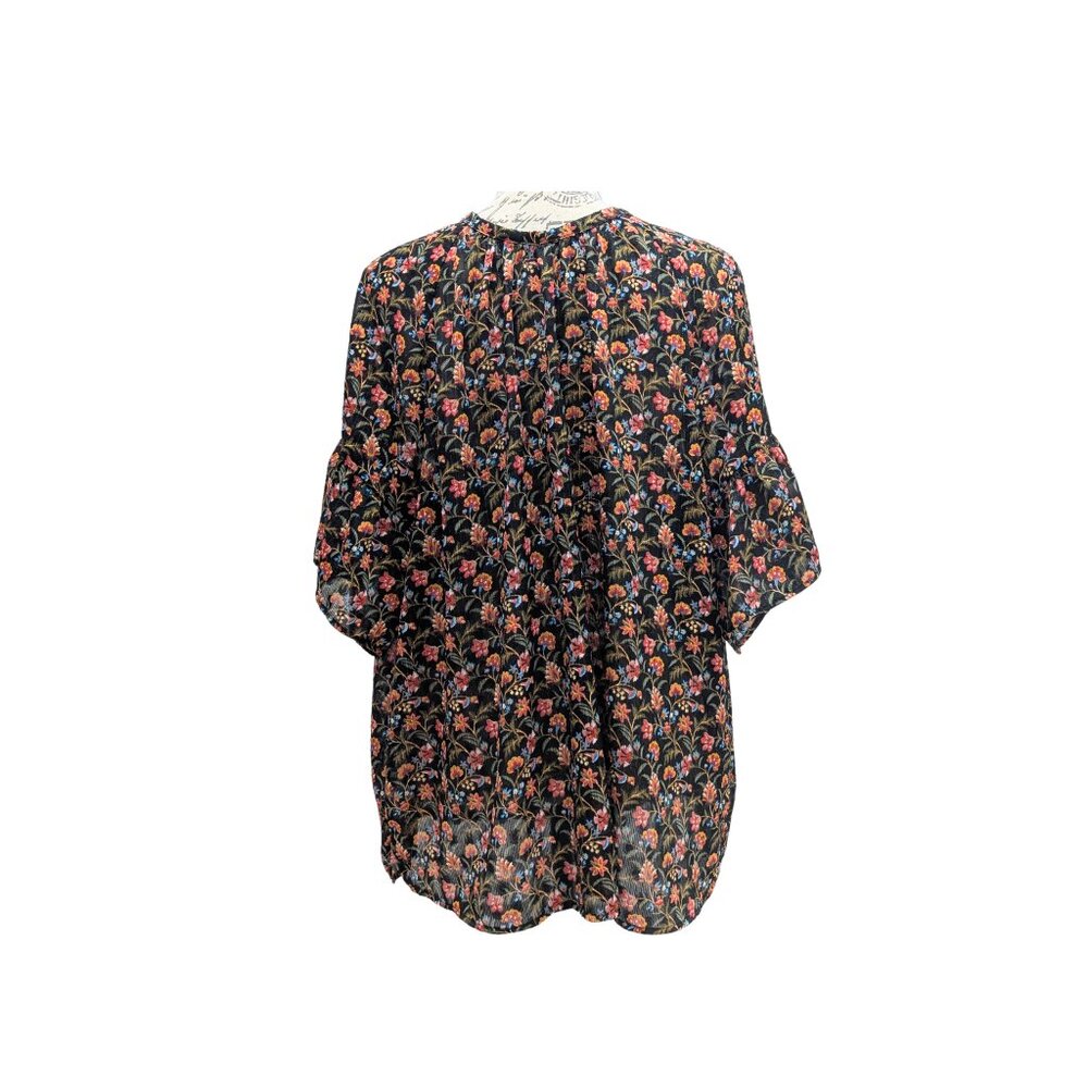 LOFT XL Black Floral Metallic Thread Tie Neck Boho Blouse Flowy Top - Picture 2 of 7